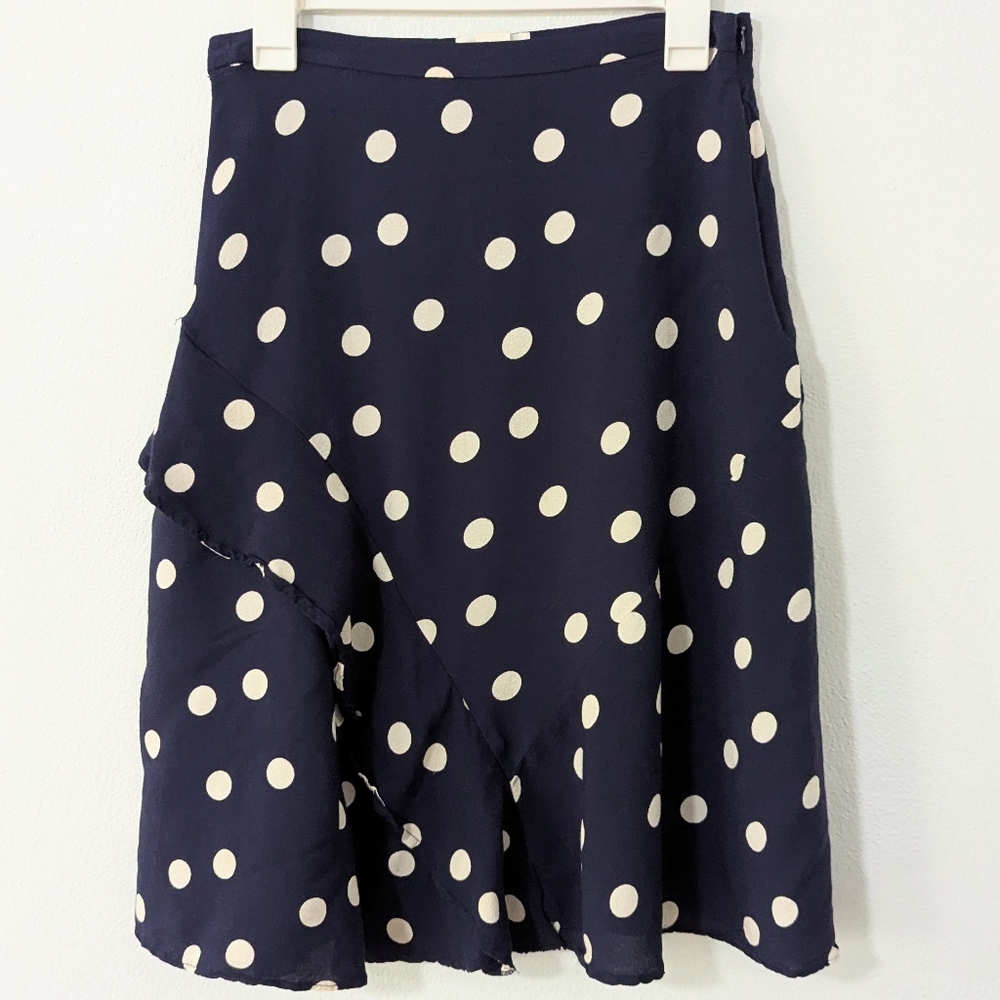 Anthropologie Maeve Polka Dot Ruffle Knee Length Skirt Flowy Blue White 8